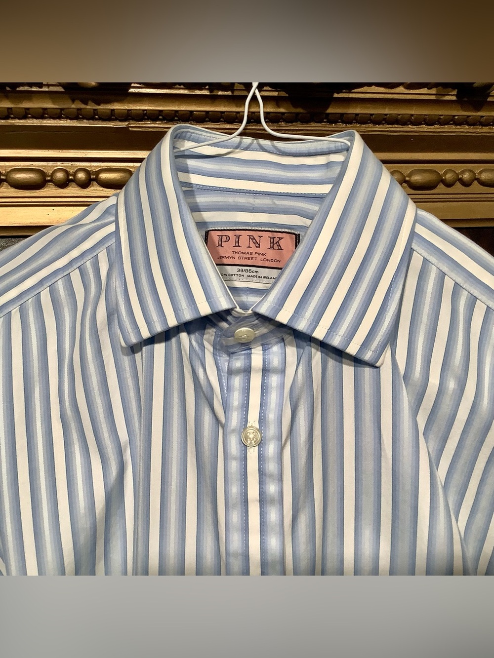 Thomas Pink Cotton Dress Shirt White with Blue Stripe - Men’s Sz 15.5/34 - EUC